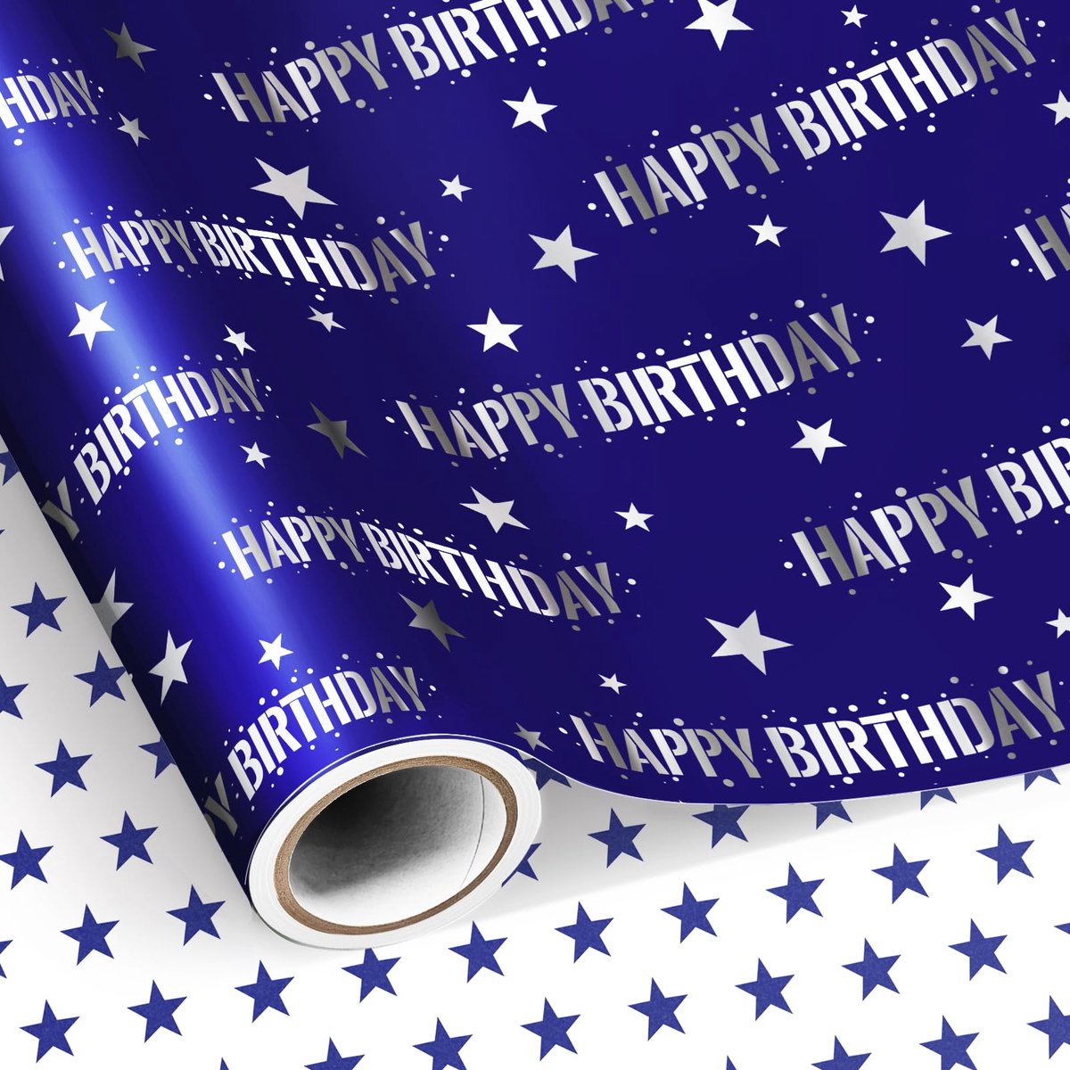 SHUCHING Blauw cadeaupapier voor verjaardagen, 43 cm x 10 m, "Happy Birthday" en blauwe ster, rol cadeaupapier voor - ShopVlot