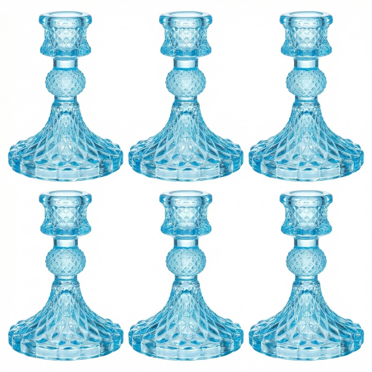 Dailygoods - Glazen Kandelaarset 6-delig - Blauw en Transparant voor Elegante Tafeldecoratie