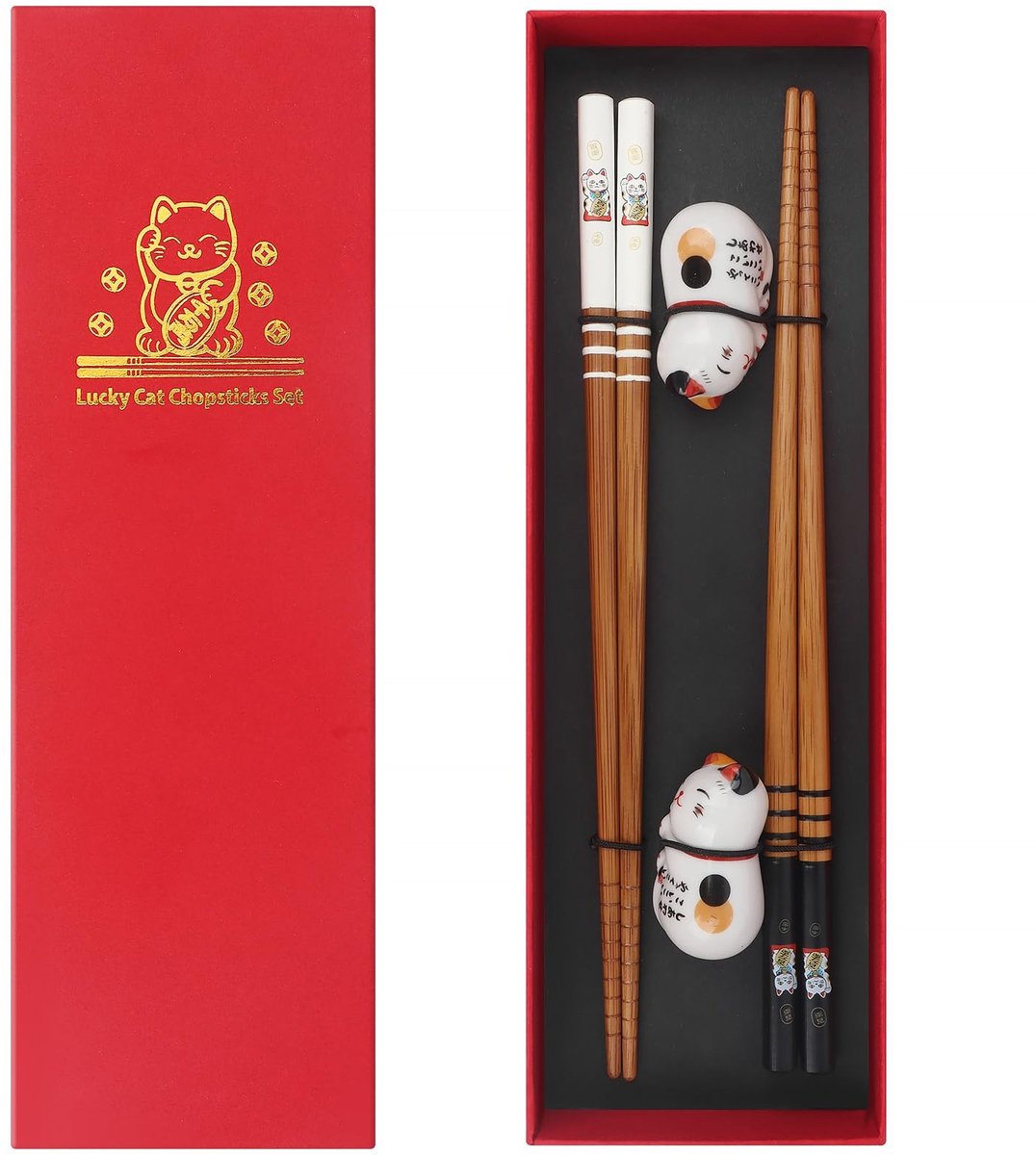 Dailygoods - Sushi Eetstokjes Set Kat - 2 Paar Houten Chopsticks met Onderzetters