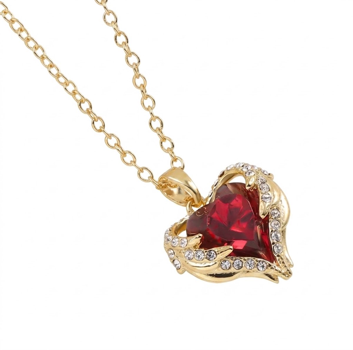 Goudkleurige dames ketting met rood hartvormig hanger – kristalaccenten en sierlijke omlijsting