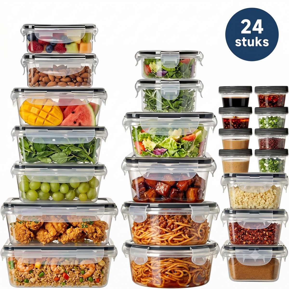 24-delige Vershoudbakjes Set – Koelkast Opbergboxen Set – Luchtdichte Voedselcontainers