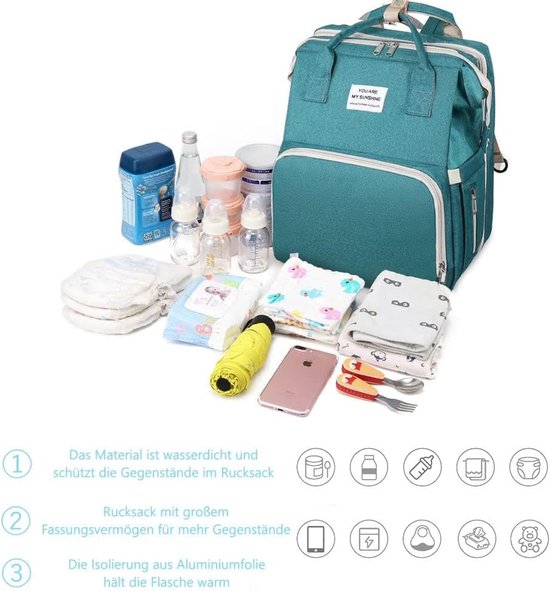 Luierrugzak voor baby's, reistas met draagbaar, grote capaciteit, multifunctionele luiertas, waterdicht, voor flessen, rugzak, Groen, Une taille, Casual — afbeelding 5