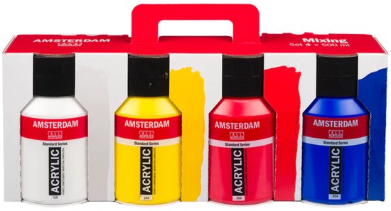 Kartonnen verpakking met 4 flessen Amsterdam Standard Series acrylverf: wit, geel, rood en blauw, elk 500ml.