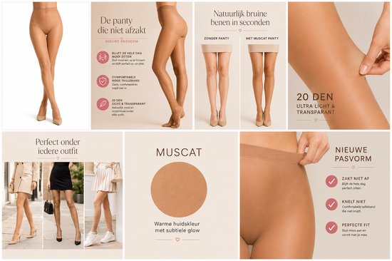 Collage d'une femme portant un collant brun clair. Le collant est de 20 deniers, léger et transparent, et a une coupe confortable.