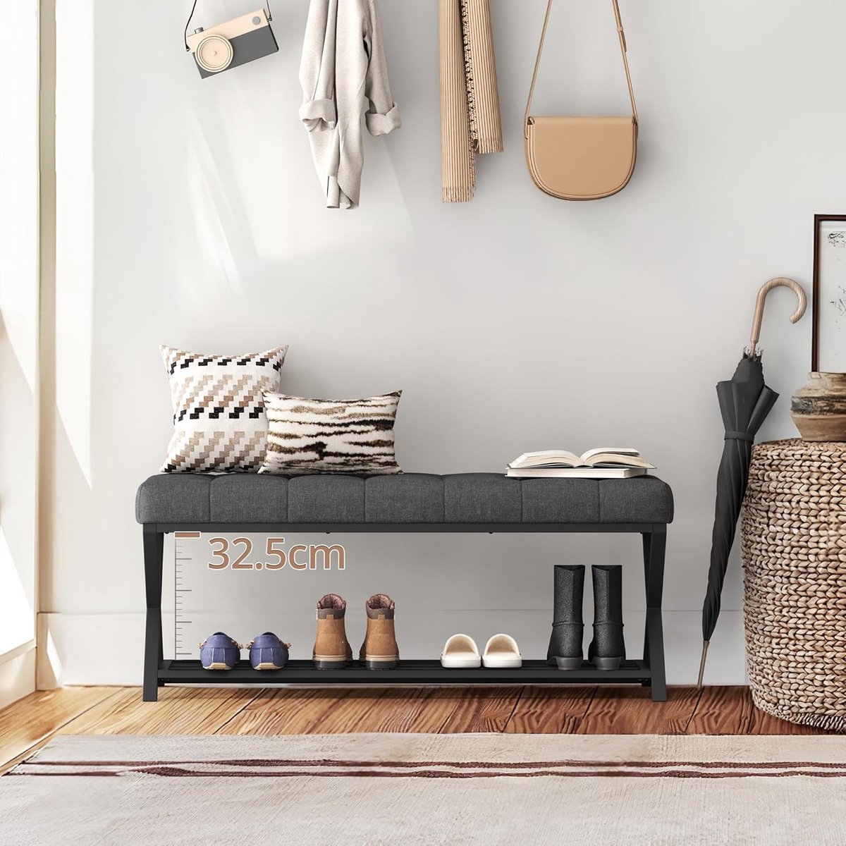 Schoenenbank met Opbergruimte en Zitkussen 113x38x46 cm – Industriële Halbank met Metalen Frame en Linnen Bekleding – Schoenenkast met Zitbank en Onderrek tot 136 kg – Vintage Entree Bank voor Hal, Slaapkamer en Woonkamer – Mobili Bella