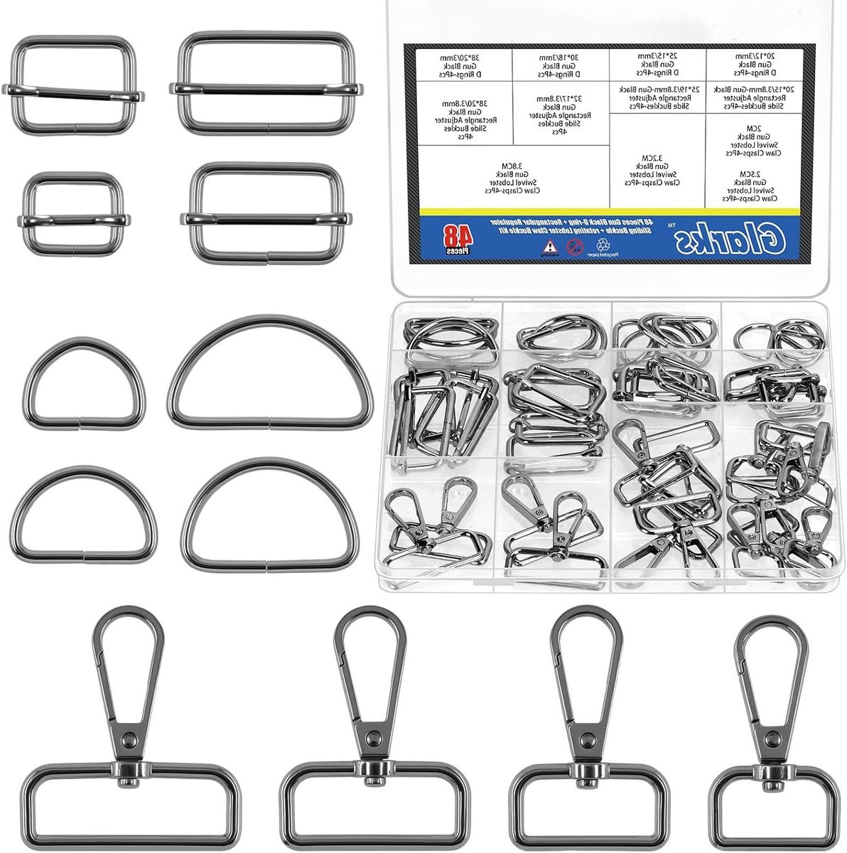 16 sets draaibare kreeftensluitingen met D-ringen, halfronde D-ringen en verstellerglijders voor diverse toepassingen