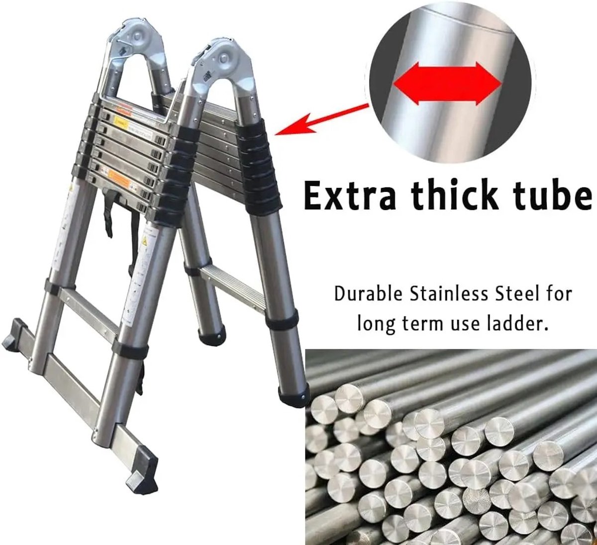 QJ Supply - Telescopische Ladder - Vouwladder - A-Frame - Uitschuifladder - RVS - Antislip - 150KG - Zilver – foto 6