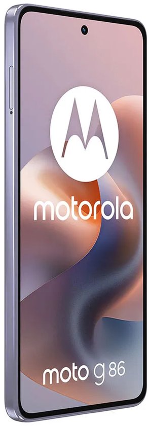 Motorola moto g86 5G smartphone in lila met een groot scherm en Motorola logo.