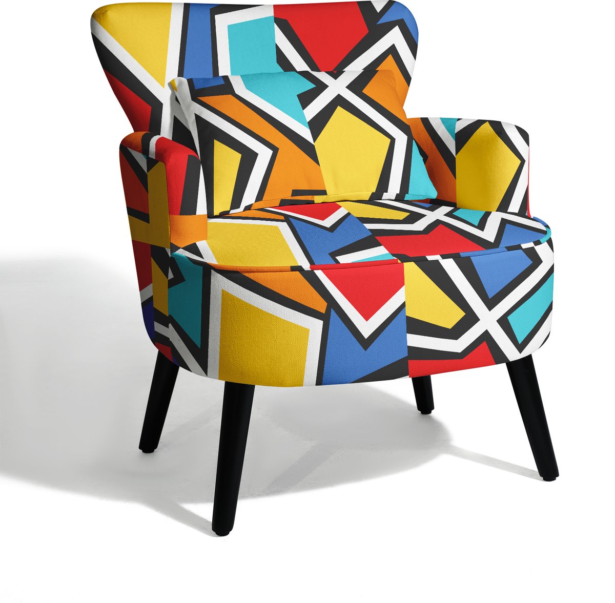 HomeMiYN Lounge Fauteuil – Linnen Look Geometrisch Bloemen Design Stoel – Moderne Patchwork Print Armstoel – Comfortabele Hoge Rugleuning Stoel voor Woonkamer en Slaapkamer