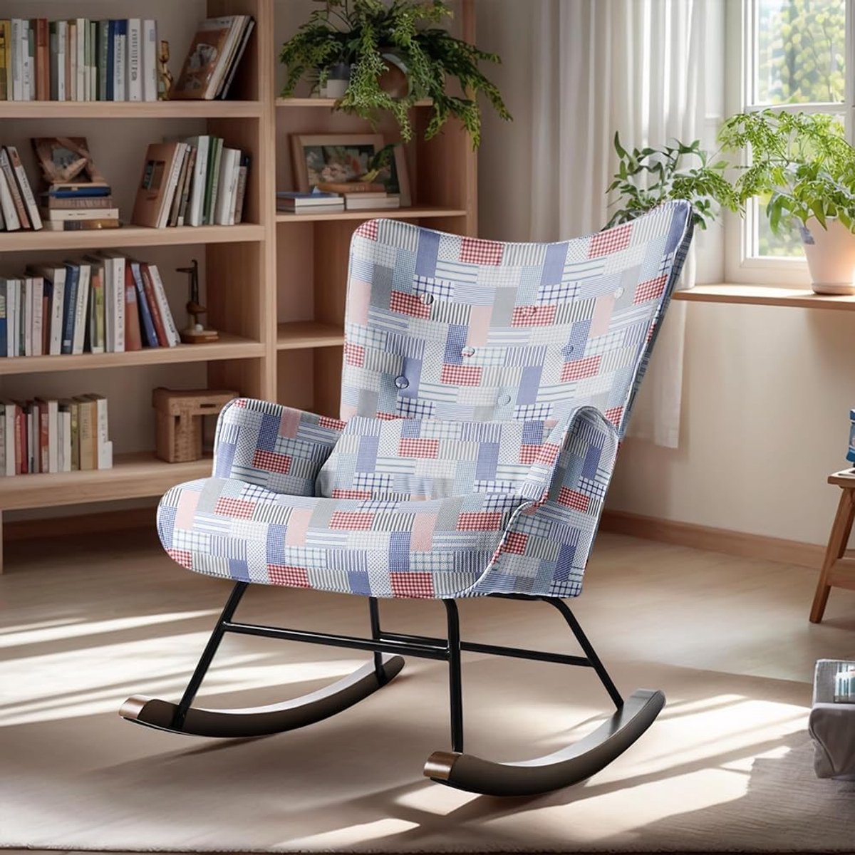 HomeMiYN Schommelstoel – Linnen Look Ruit & Strepen Design Rocking Chair – Geruit Patchwork Fauteuil – Comfortabele Wipstoel met Hoge Rugleuning voor Woonkamer en Slaapkamer