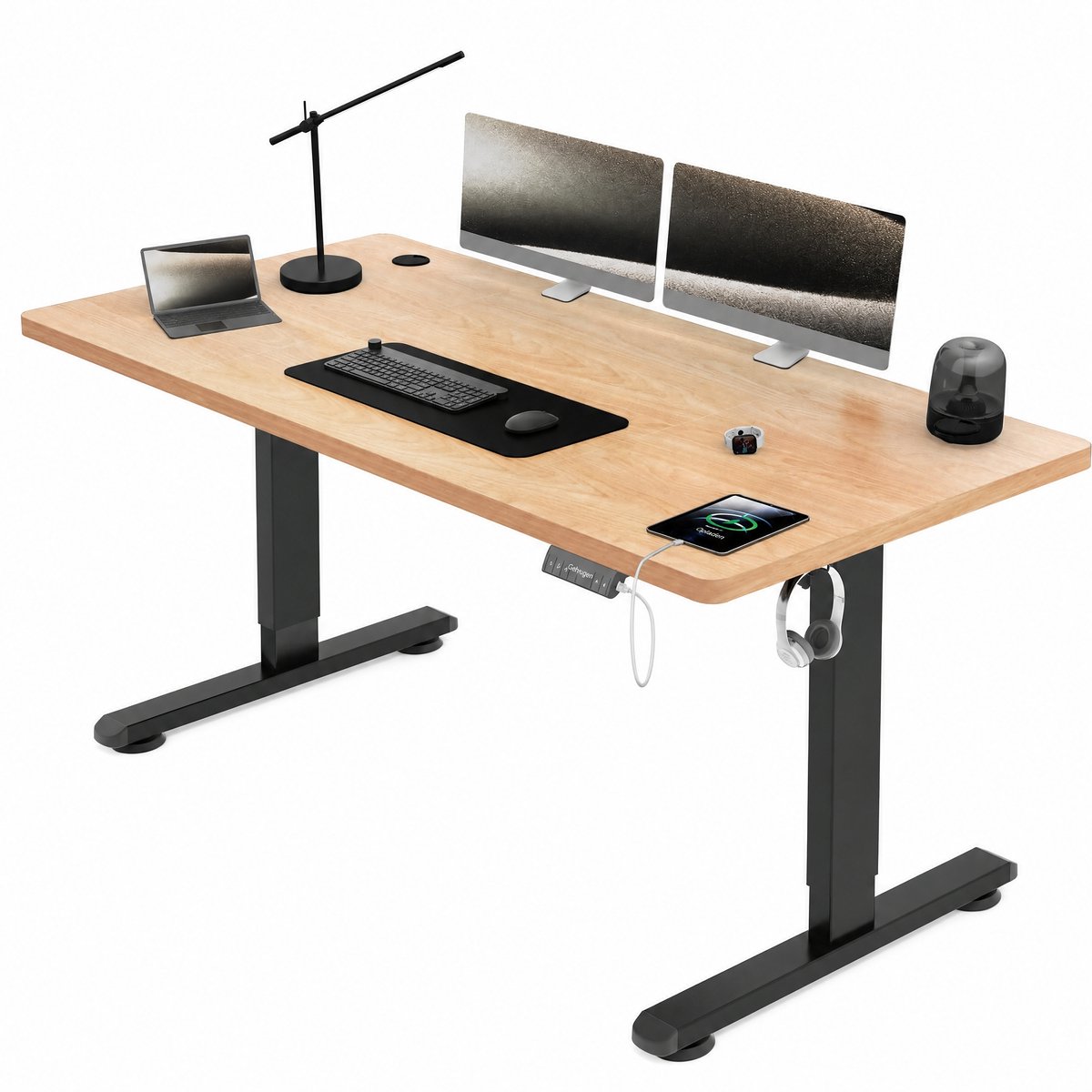 Devoko Elektrisch Zit-Sta Bureau 140x70 cm – 18 mm Dik Tafelblad – 3 Geheugenstanden – USB en Zit-alarm – Kabelmanagement – Zwart frame met houtkleurig blad