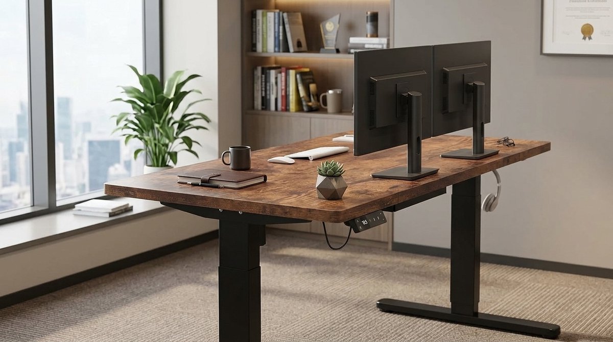Elektrisch Zit Sta Bureau 140x80 cm – House&Garden In Hoogte Verstelbaar Bureau met Type-C USB Oplaadpoort, 3 Memory Functies, Kabelmanagement Tray, 80 kg Draagvermogen, Stil Motor Systeem (<50 dB)Vintage Bruin Design