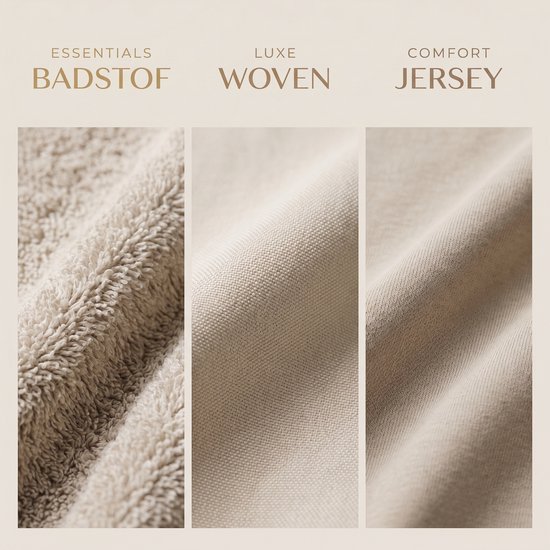 Drie close-ups van verschillende stoffen: een badstof, een geweven stof en een jersey stof.