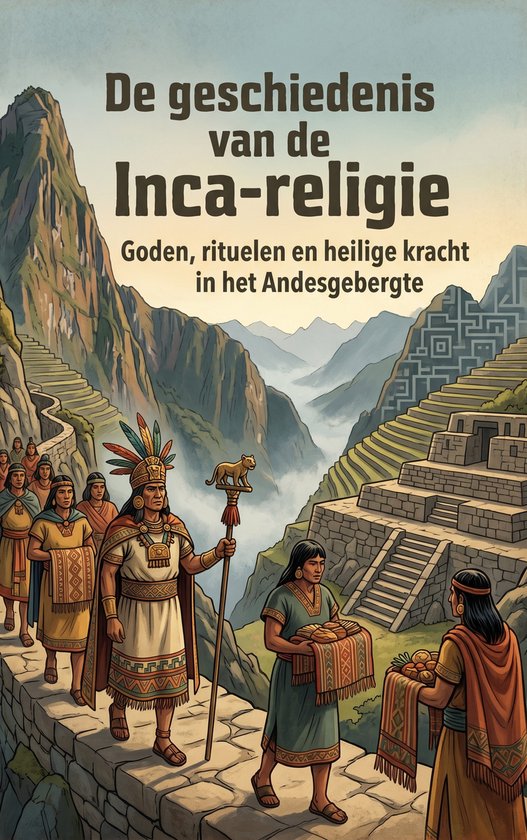 De geschiedenis van de Inca-religie, Goden, rituelen en heilige kracht in het Andesgebergte. Mensen in traditionele kledij lopen over een stenen pad bij Machu Picchu.