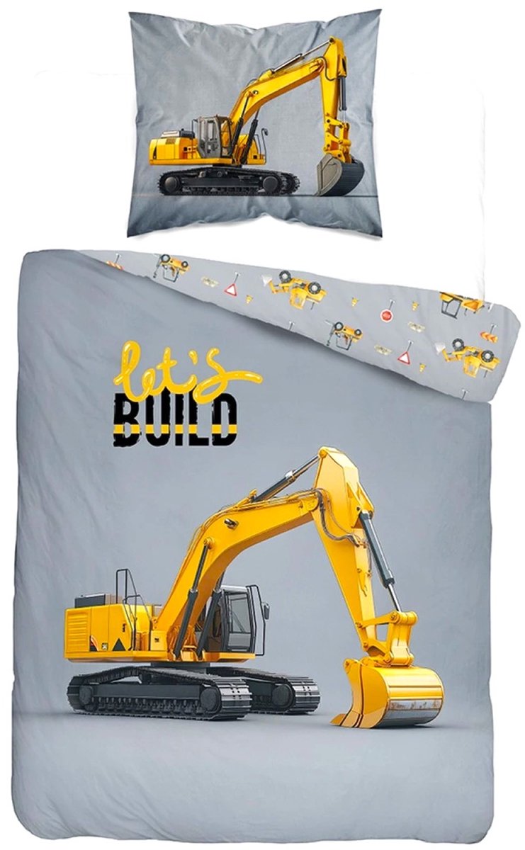 1-persoons jongens dekbedovertrek (dekbed hoes) grijs met grote gele kraan / graafmachine met rupsbanden KATOEN eenpersoons 140 x 200 cm