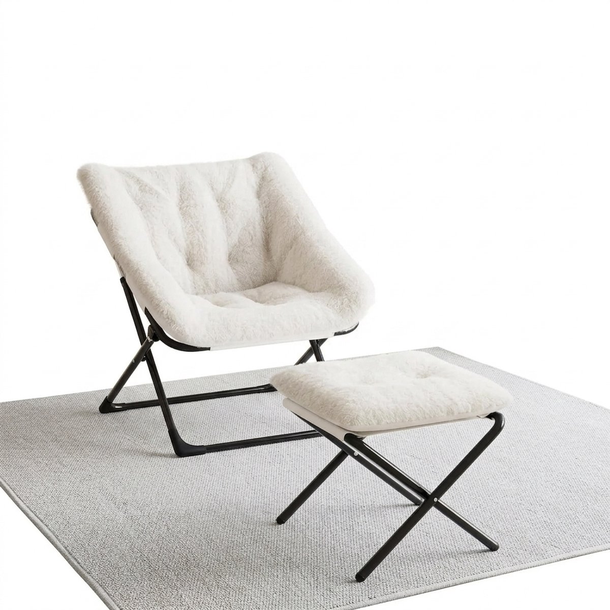 Archi Fauteuil met Voetenbank – Opvouwbare Teddy Loungestoel – Imitatiebont – Voor Woonkamer, Slaapkamer en Studentenkamer – Crèmewit