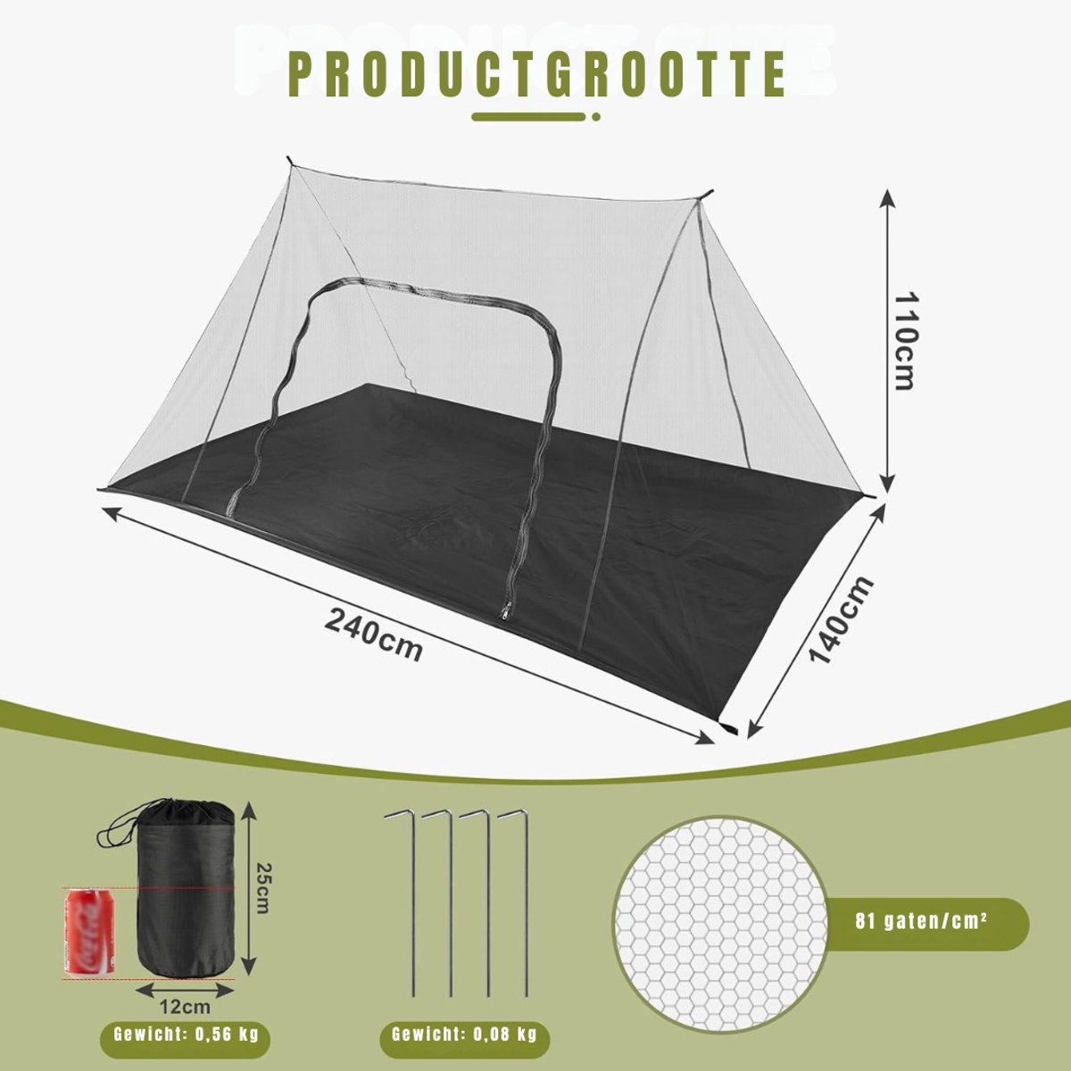 QIN® Klamboe Tent - Pop Up Tent - Inclusief Opbergtas - Lichtgewicht - Waterdichte Muggen Tent met Ritssluiting - Zwart - 240cm x 140cm x 110cm