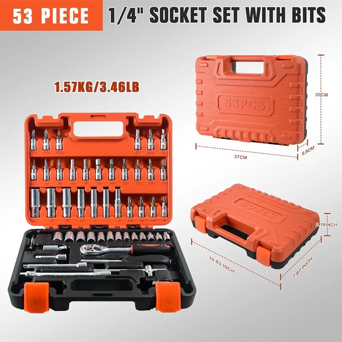 UFTA Dopsleutelset 53 Delig - Ratel Sleutel Combo Set - 1/4 Inch Auto Reparatiegereedschap - Inclusief Koffer - Universeel