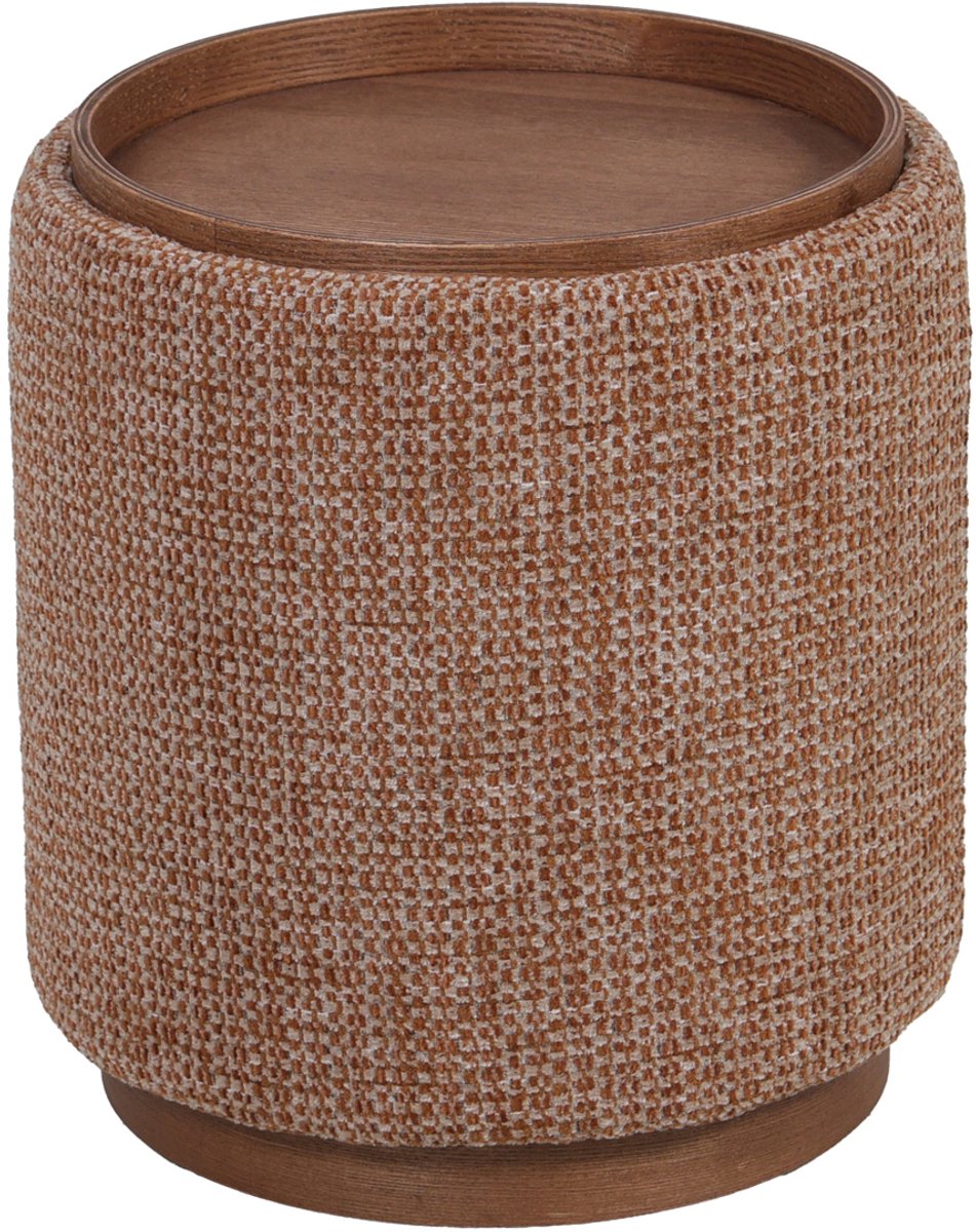 DÉJA Living Bijzettafel Marcia Terra/Walnoot – Rond – Met Opbergruimte – Chenille en Essenfineer – 40x40x44 cm