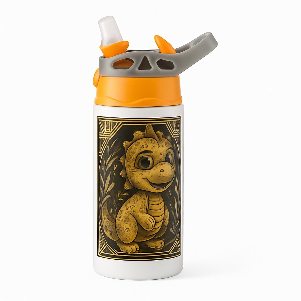 Stijlvolle Dino Cartoon Drinkfles – Decoratieve Drinkfles voor Liefhebbers van Art-Deco en Prehistorie - Waterfles voor kinderen (wit/oranje)