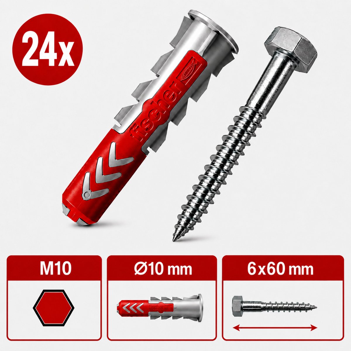 Fischer pluggen en schroeven set 10mm DUOPOWER houtdraadbouten (24 sets)