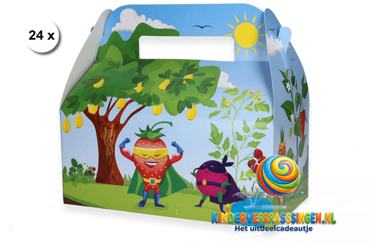 24 stuks menubox smulbox traktatiedoosje kidsbox - GROENTE en Fruit - 22 (lengte) x 11.5 (breedte) x 10 cm hoogte tot vouwpunt - uitdeeldoosje - kinderfeestje