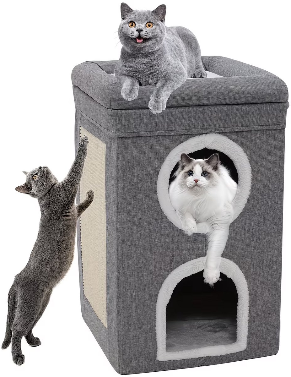 NordPaw® Luxe Kattenhuis met Krabmat & Ligbed – Opvouwbare Kattenmand 2 Verdiepingen – Kattengrot met Slaapplaats en Krabpaal Alternatief – 66 cm – Grijs