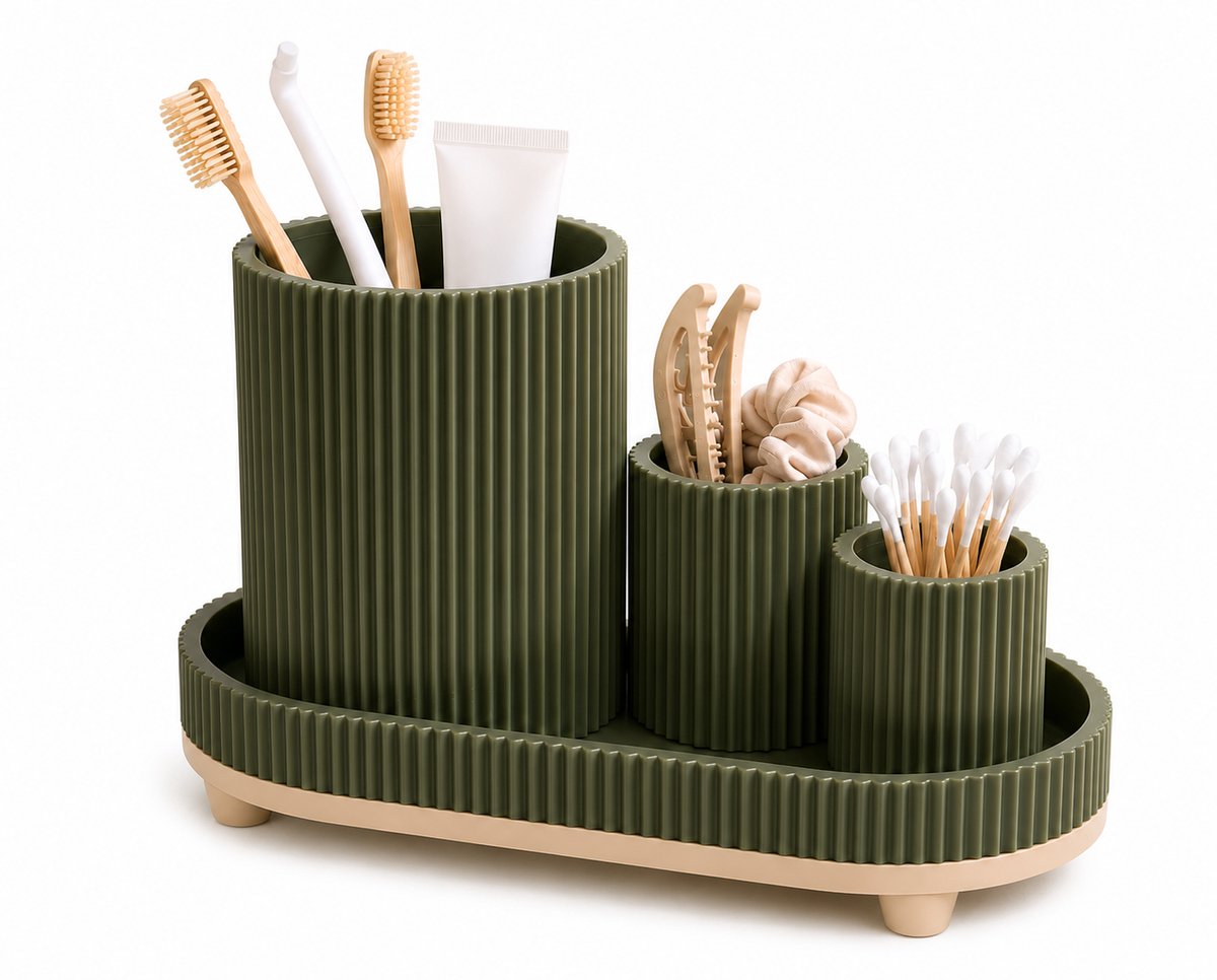 Badkamer Organizer Set – Tandenborstelhouder, Wattenstaafhouder & Opbergbakje