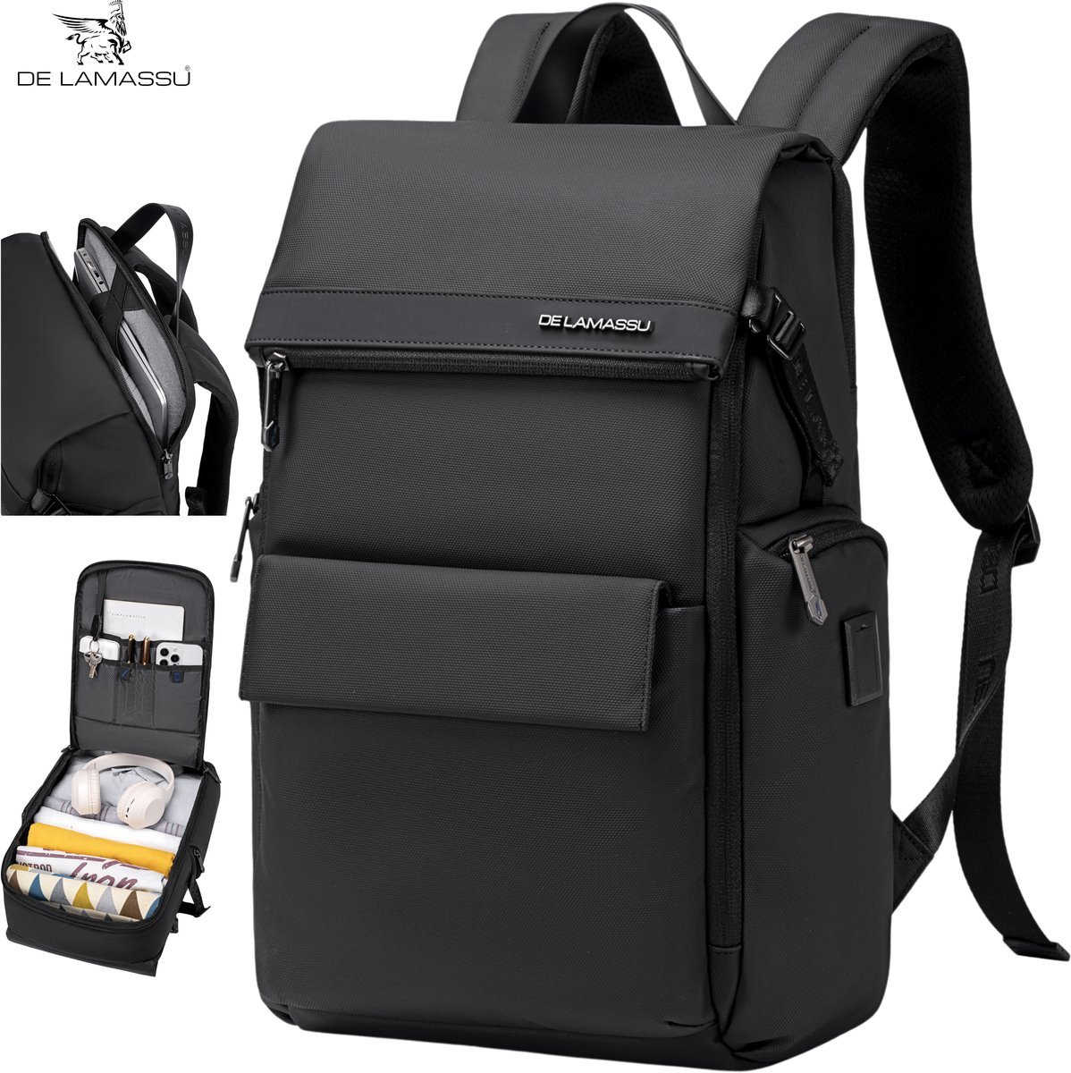 DE LAMASSU® (Felix) Laptoprugzak 16 inch – Waterdicht & Lichtgewicht – USB-aansluiting – Zwart – Business rugzak voor dames & heren – School, universiteit, reizen, werk