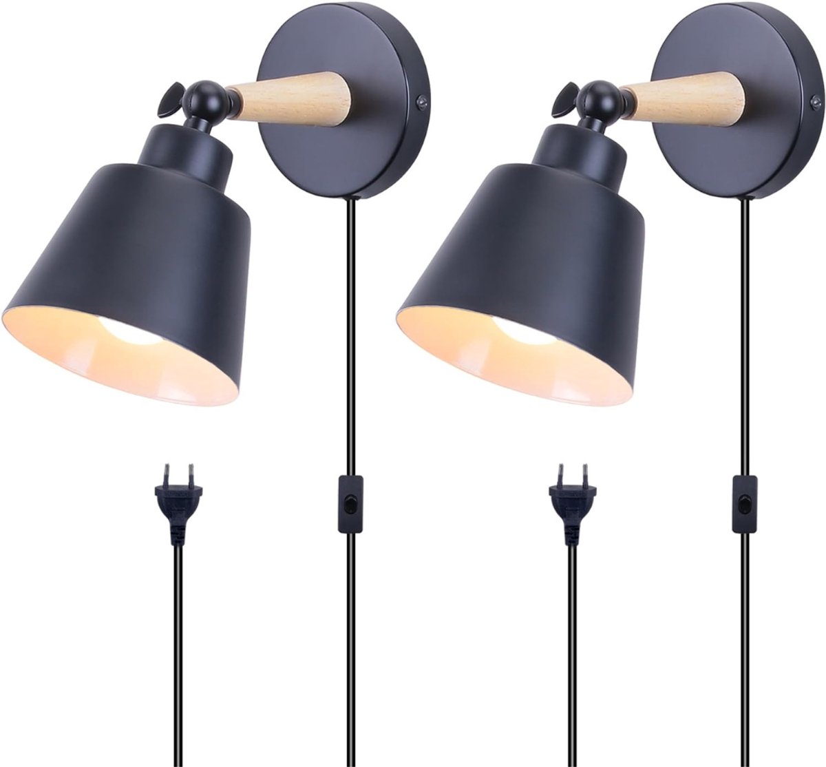 QORA® Wandlamp Binnen met Snoer - Wandlamp - Wandlamp Binnen - 2 stuks - Zwart - 17cm x 15cm x 12cm