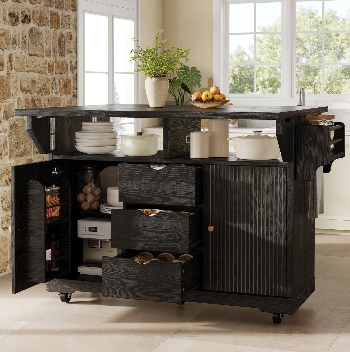 FloraGrace Keukenwagen - Uitklapbare Zijbladen En 3 Lades - Mobiele Keukenoplossing Voor Keuken En Eetkamer - MDF En Metaal - Zwart - 142,5 Cm