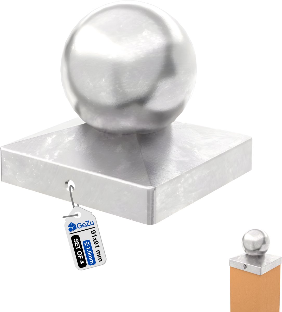 GeZu Impex Paalkappen Thermisch verzinkt Set van 4 91 x 91 mm afdekkap afdek palen kapjes voor schuttingpalen