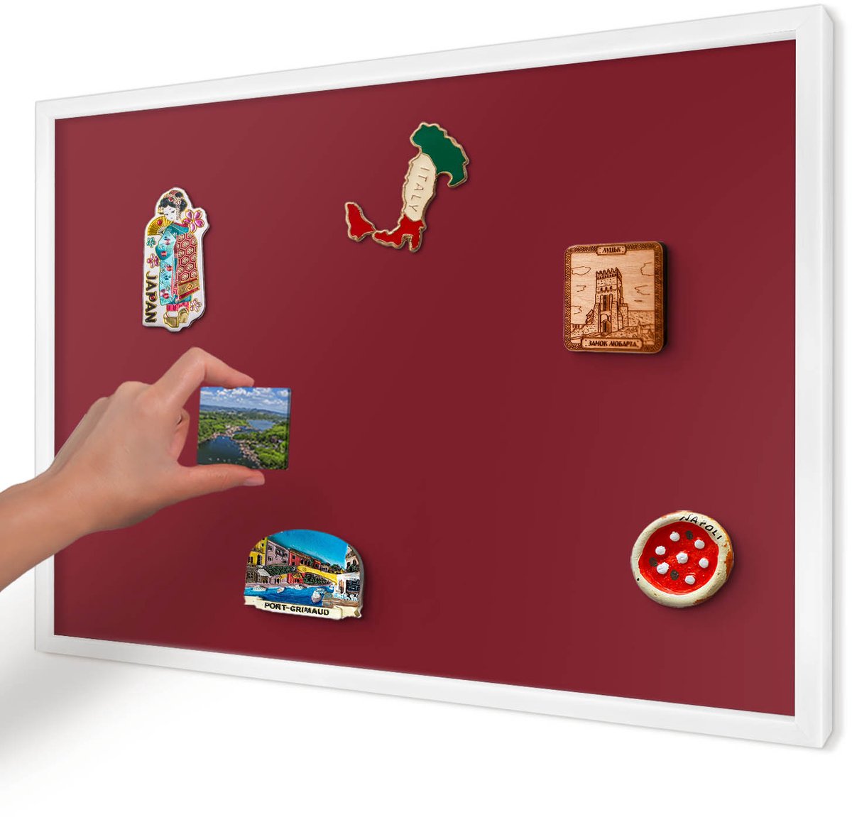 Artprintcave Bordeaux Magneetbord mit Witte Lijst - 60x40 cm - Levendig Bordeauxrood Bord Voor Magneten - Minimalist Magneetbord Voor Keuken - Achtergronden En Patronen