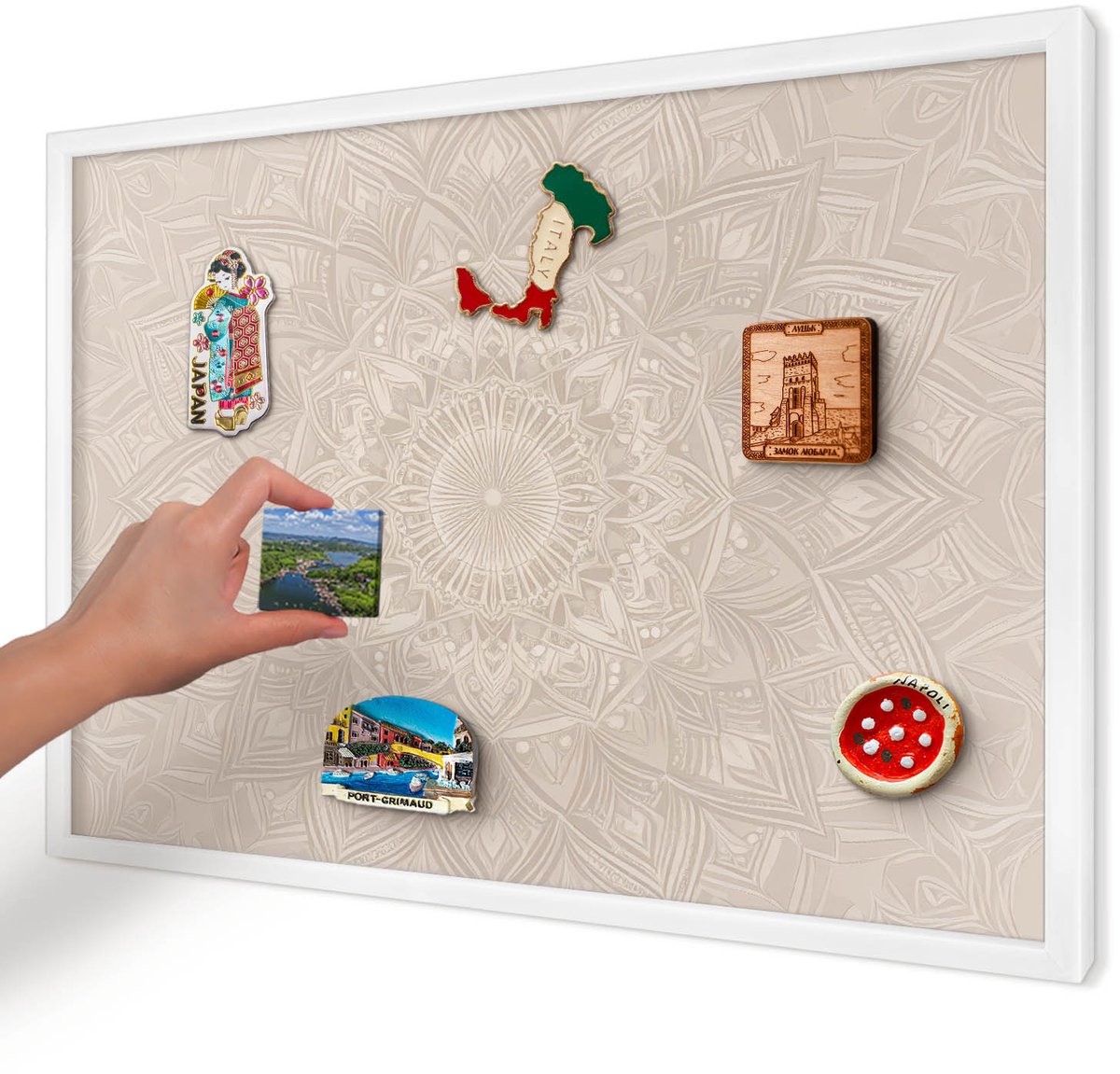 Artprintcave Beige Magneetbord mit Witte Lijst - 60x40 cm - Decoratieve Mandala Magnetische Organizer - Geometrische Magneetbord Voor Keuken - Geometrie