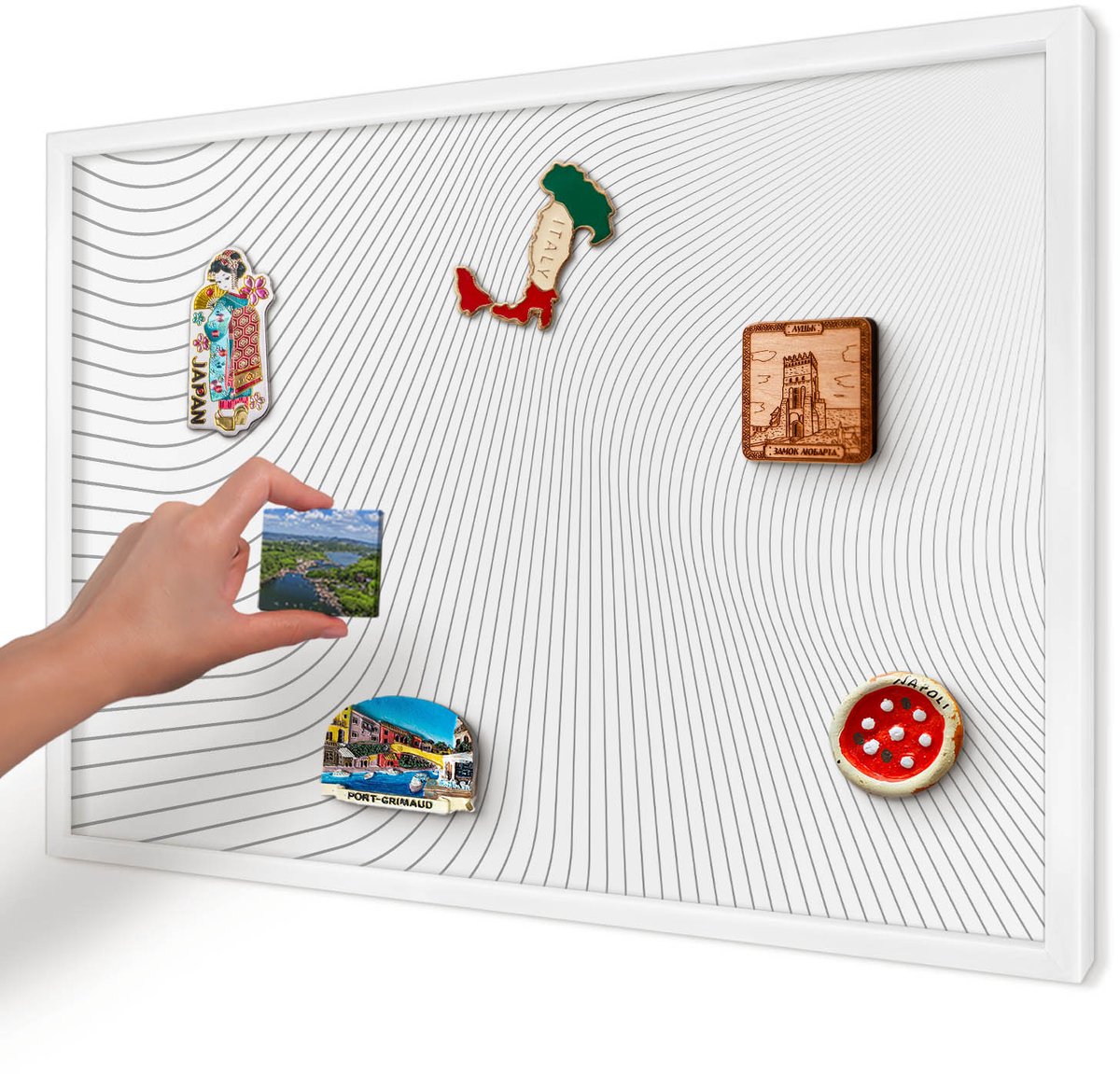 Artprintcave Wit Magneetbord mit Witte Lijst - 60x40 cm - Lijngolven Memobord Keuken - Minimalist Magneetbord Voor Keuken - Geometrie