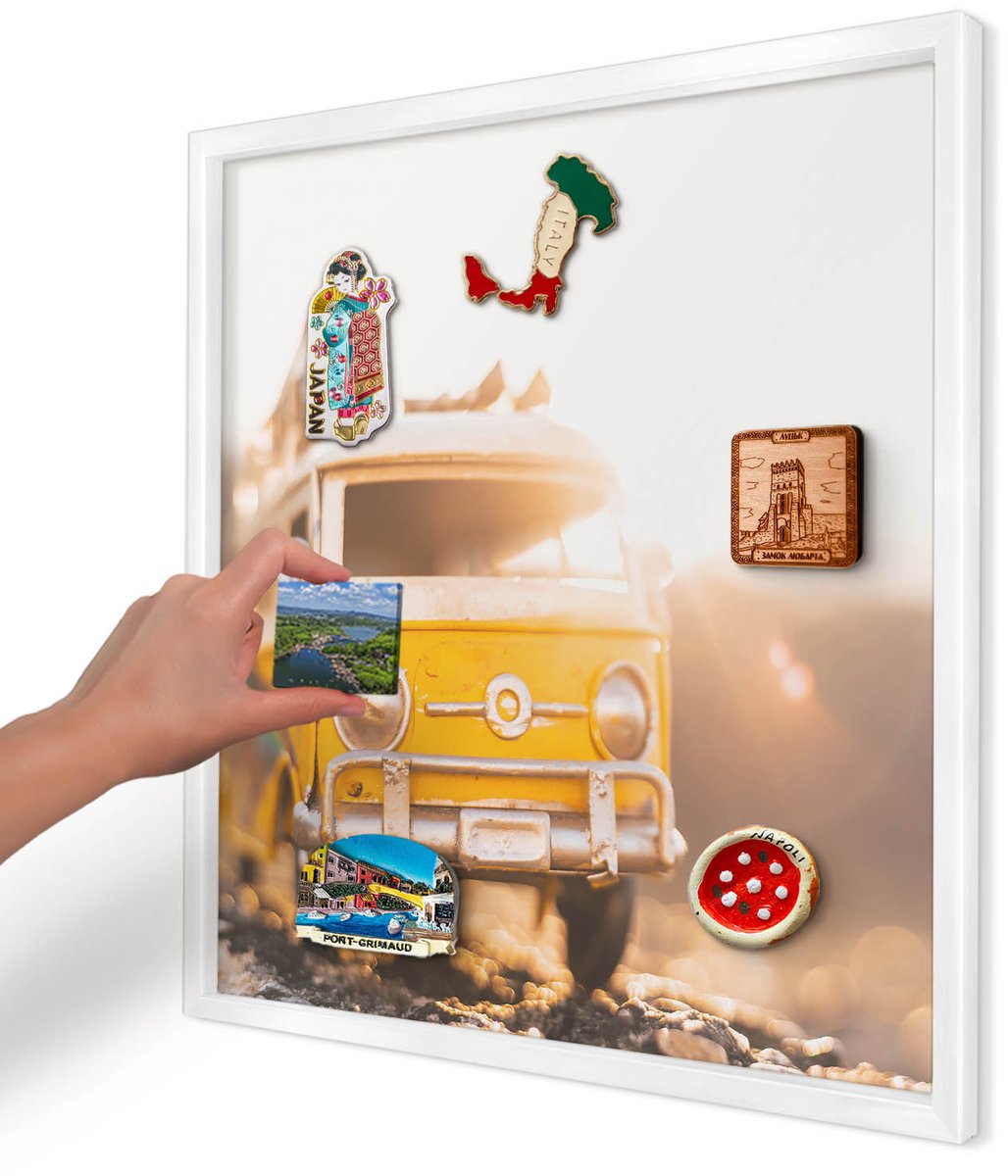 Artprintcave Geel Magneetbord mit Witte Lijst - 50x50 cm - Retro Reizen Magnetische Organizer - Retro Magnetisch Bord - Voertuigen