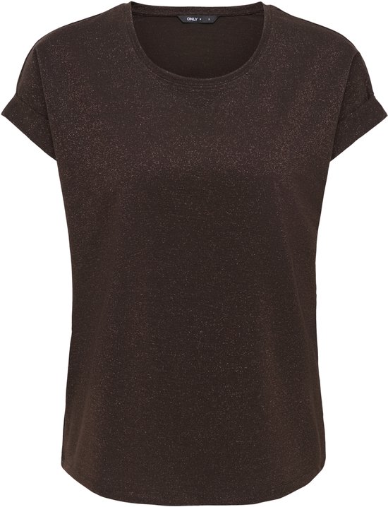 Bruin glitter T-shirt met korte omgeslagen mouwen en een ronde hals.