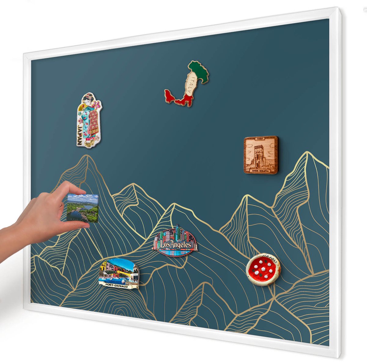 Artprintcave Blauw Magneetbord mit Witte Lijst - 80x60 cm - Bergminimalisme Magnetisch Bord Voor Magneten - Minimalist Memobord Keuken - Landschappen