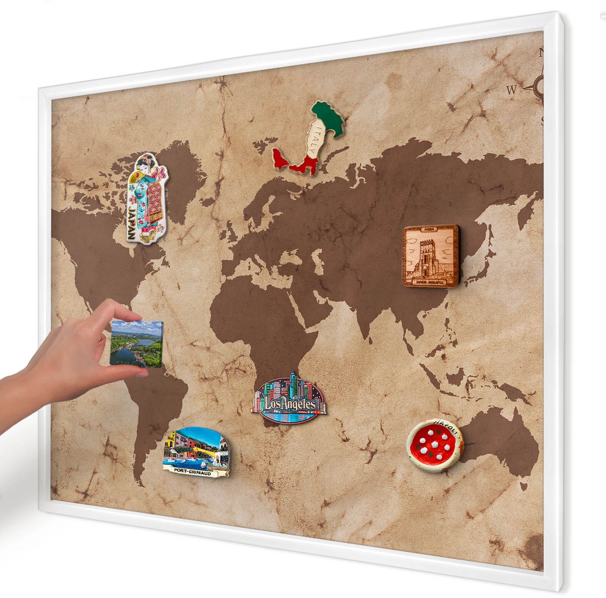 Artprintcave Bruin Magneetbord mit Witte Lijst - 80x60 cm - Wereldkaart Bord Voor Magneten - Vintage Magneet Bord mit Frame - Kaarten