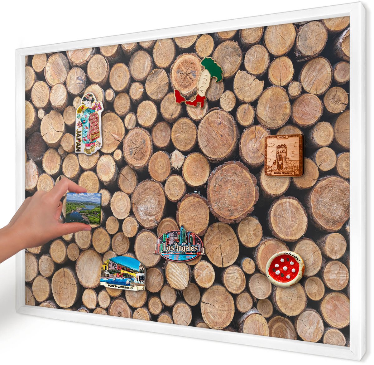 Artprintcave Bruin Magneetbord mit Witte Lijst - 70x50 cm - Houten Cirkels Bord Voor Magneten - Rustiek Memobord Keuken - Texturen