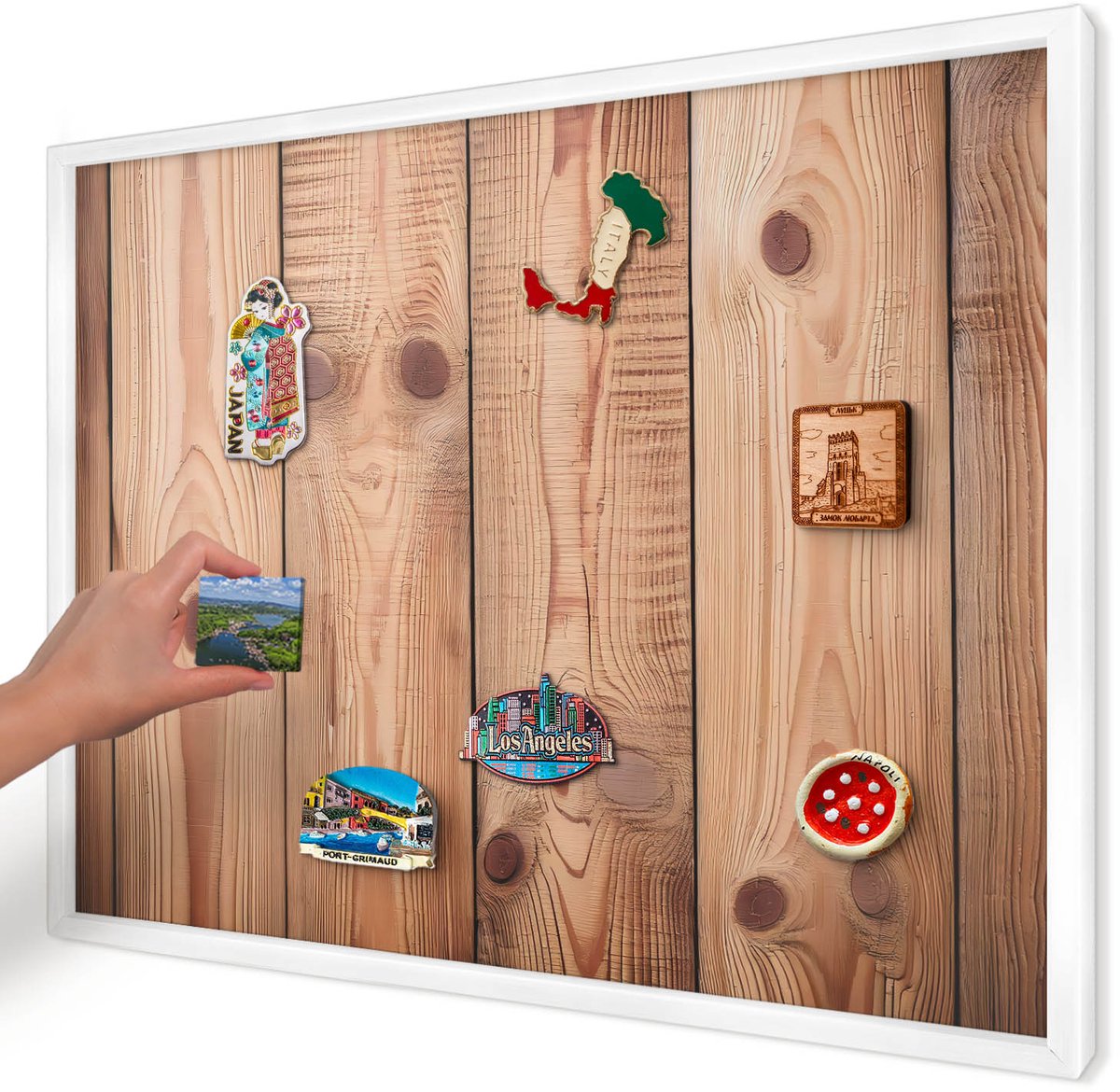 Artprintcave Bruin Magneetbord mit Witte Lijst - 70x50 cm - Houten Planken Magneetbord Voor Foto's - Rustiek Notitiebord - Texturen
