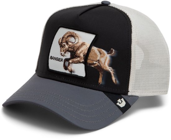 Casquette noire avec visière grise et dos en mesh. Sur le devant, une image d'un bélier sautant avec le mot 'BANGER'.