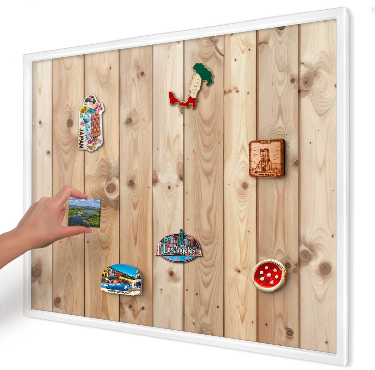 Artprintcave Beige Magneetbord mit Witte Lijst - 80x60 cm - Houten Planken Memobord Keuken - Rustiek Magnetische Organizer - Texturen