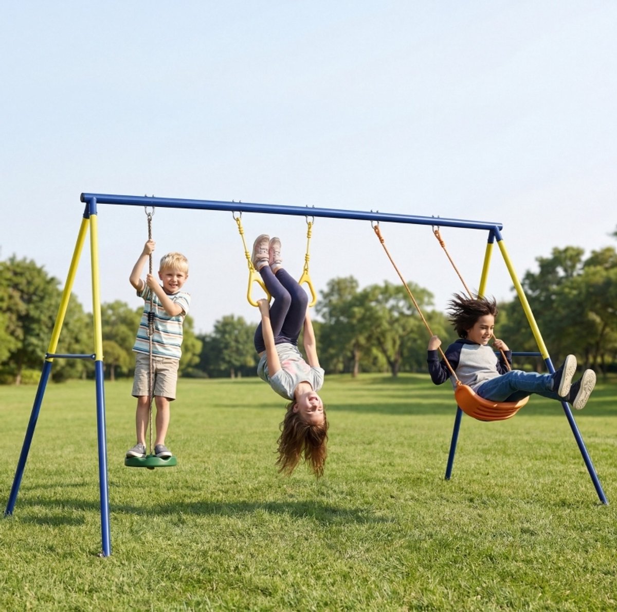 REDOM - Schommelgestell - 3-in-1 kinderschommel met klassieke schommel, turnringen en steunschommel - Voor 3 kinderen - Metalen A-frame - Buiten - Metaal - Blauw en geel - 285 x 160 x 181 cm