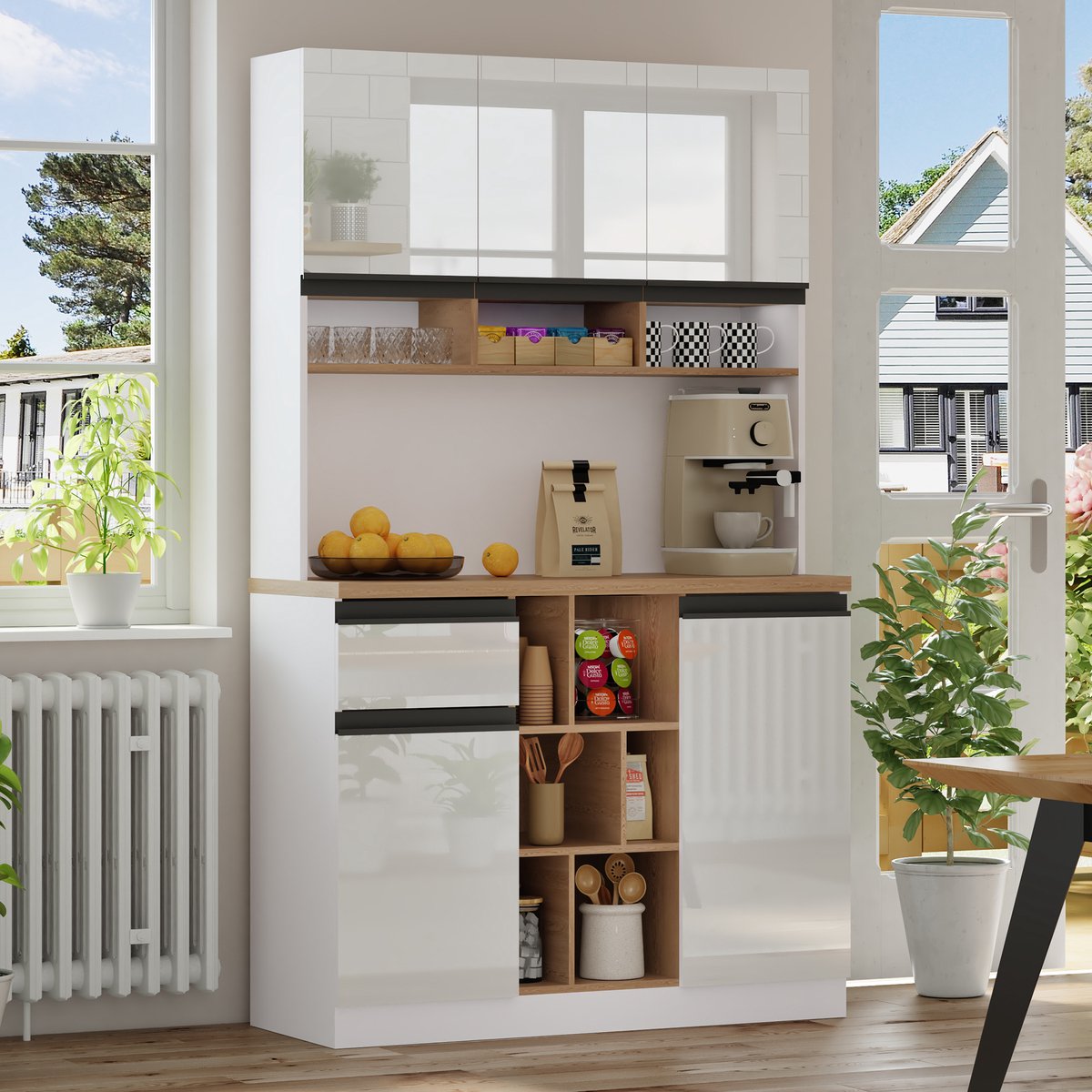 Wishdor - Keukenkast - Hoge buffetkast met laden en open vakken - Modern - Keuken eetkamer woonkamer - Houtlook werkblad - Wit - 105x45x185 cm