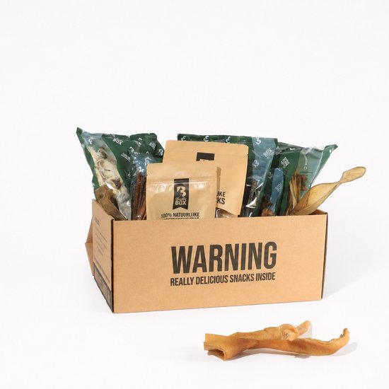 Bruine kartonnen doos gevuld met verpakte hondensnacks. Tekst op de doos: 'WARNING REALLY DELICIOUS SNACKS INSIDE'.