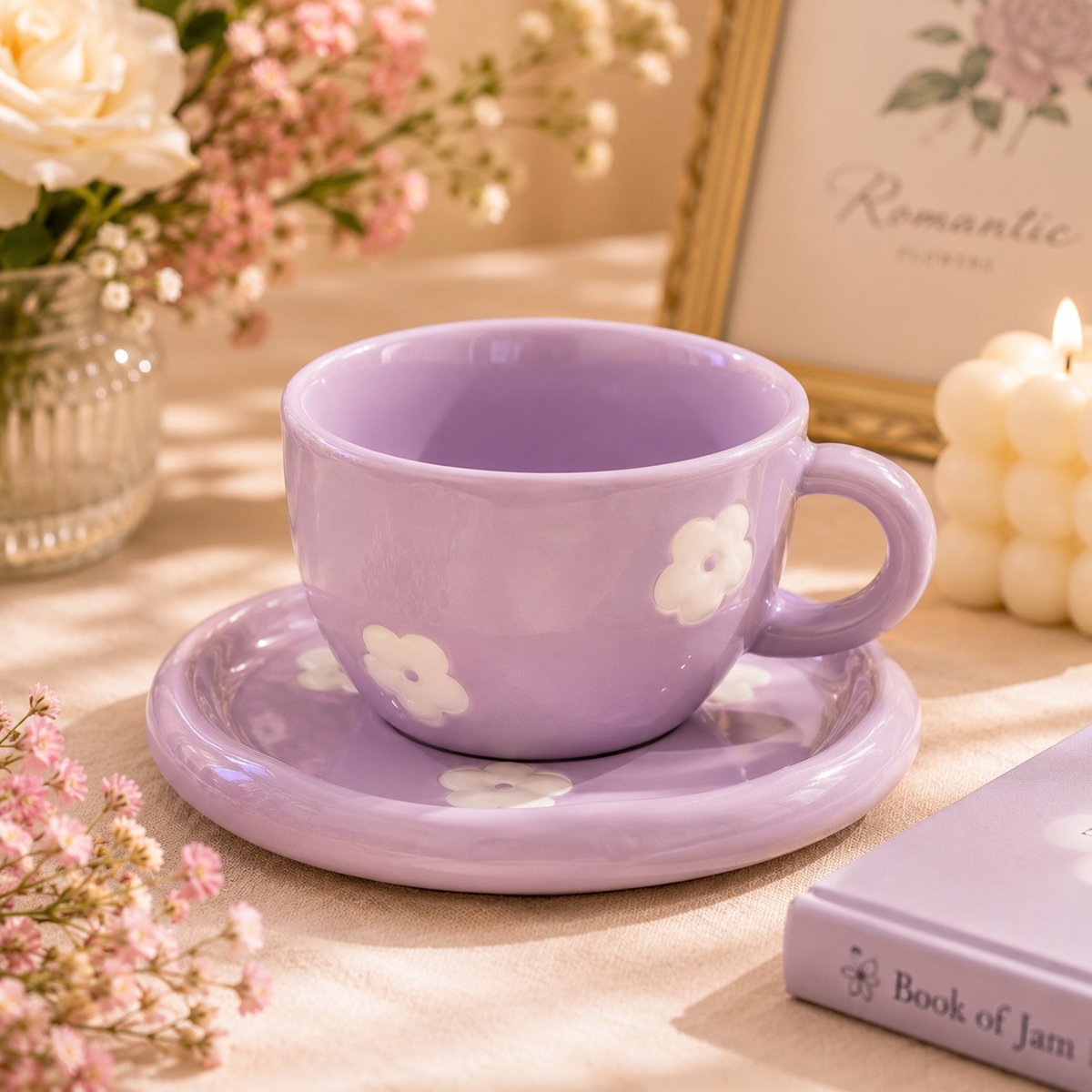 Koffiekopjes Set Met Schotel - 250 ml - Paarse Bloemen - Keramiek - Cadeau voor Vrouwen