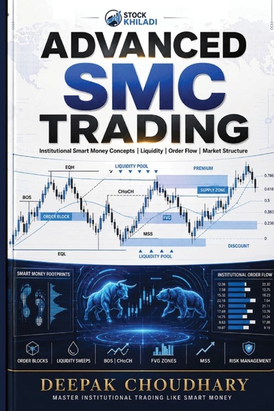 Boekomslag 'Advanced SMC Trading' met grafieken, bulls en bears, en tekst 'STOCK KHILADI', 'DEEPAK CHOUDHARY'.