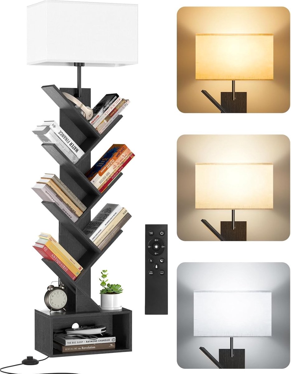Boomvormige Boekenkast van Hout met Verlichting, 6 Laags Hoekrek met Afstandsbediening en Timer - Compacte Opbergoplossing voor Boeken, CD's, DVD's en Kinderkamer Decoratie