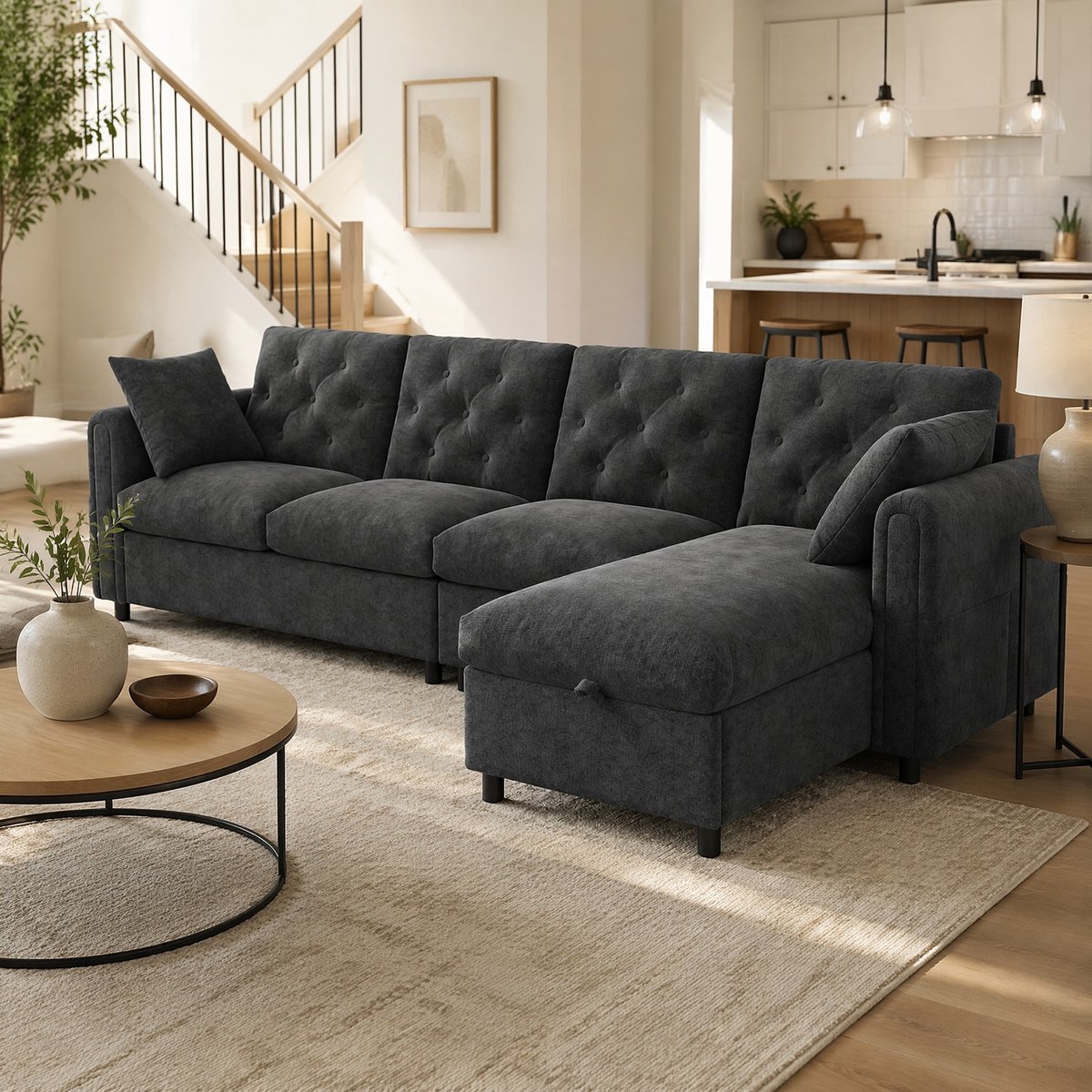 MODENUIT Hoekbank 281 x 132 x 86 cm - Met Opbergruimte en Slaapfunctie - Voor Woonkamer - Velvet Grijs